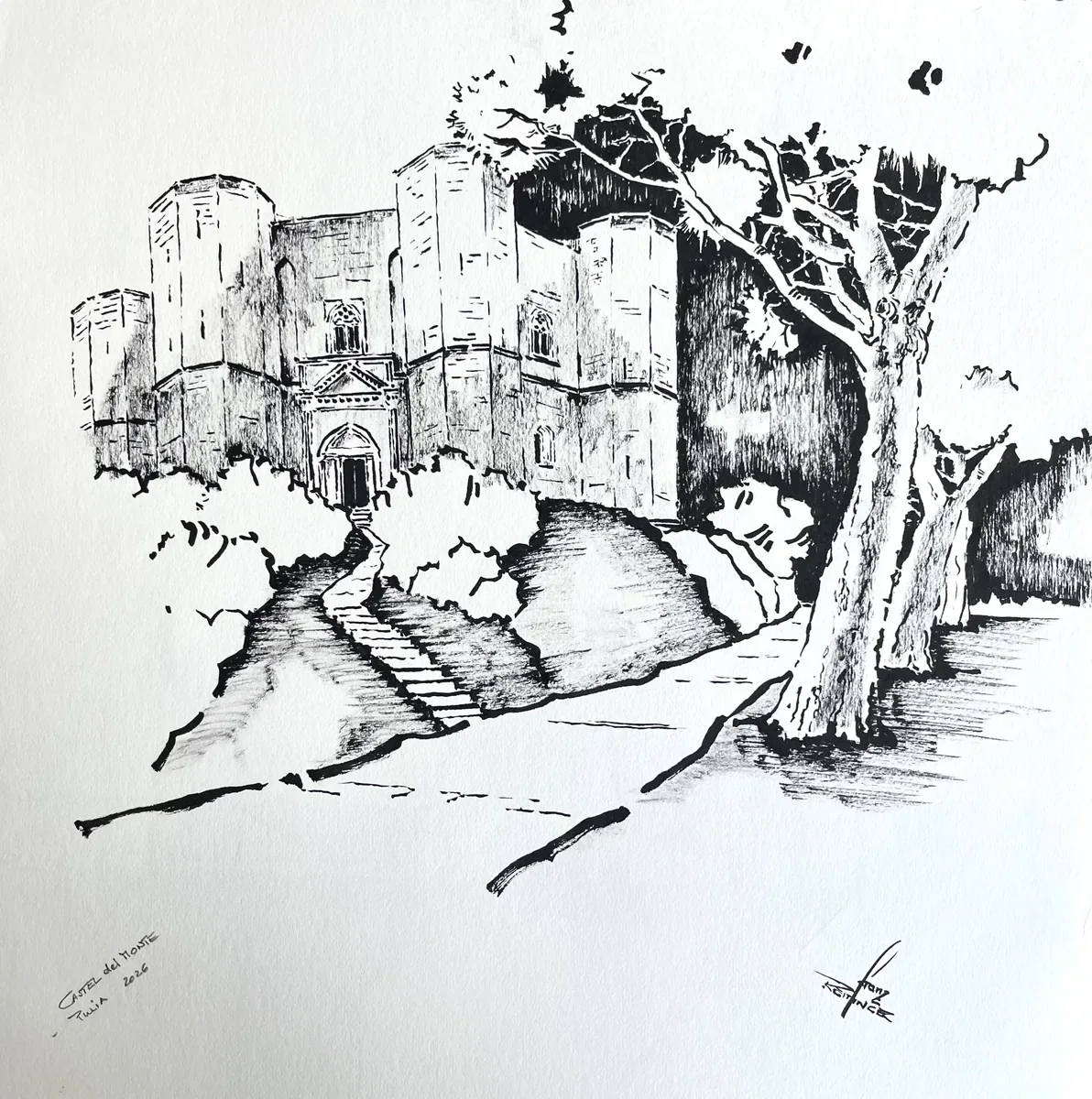 Zeichnung eines Dorfes mit Baum